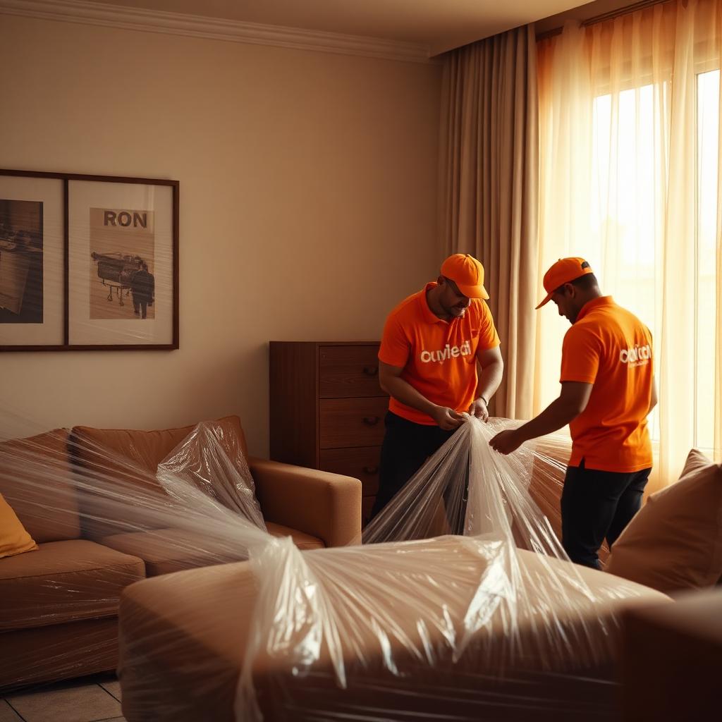 Movers wrapping furniture