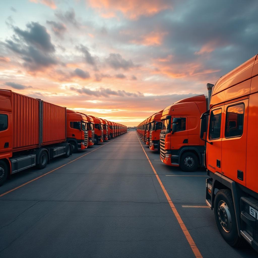 Fleet of cargo trucks at sunset