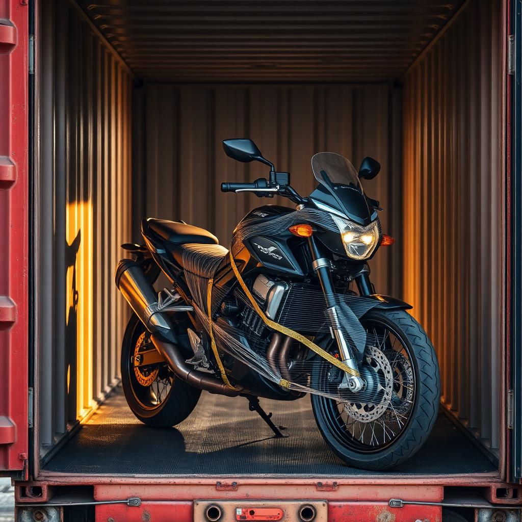 Motorcycle secured in container